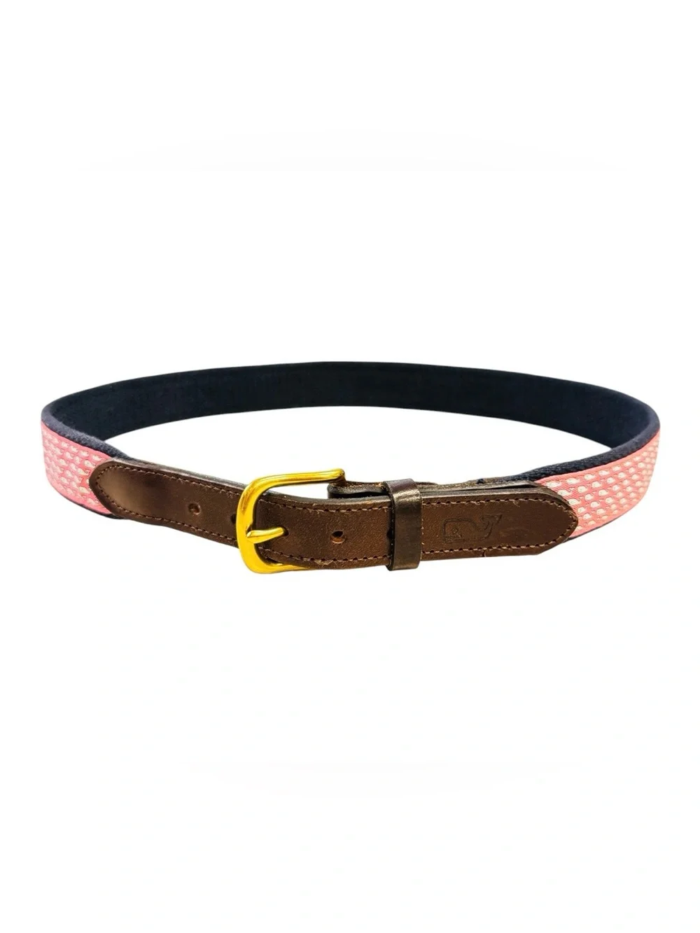 Vineyard Vines Pink Whale Pattern Web Belt with Brown Leather Men’s Sz. 30
